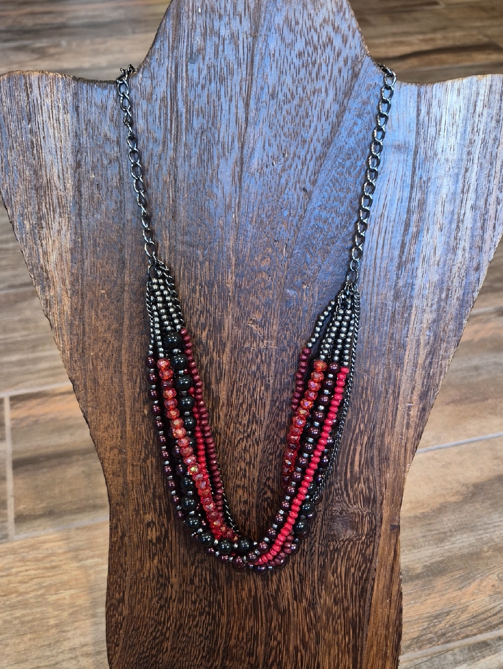 Multistrand Black, Purple, & Red Gunmetal Silver Tone Beaded Chain Necklace